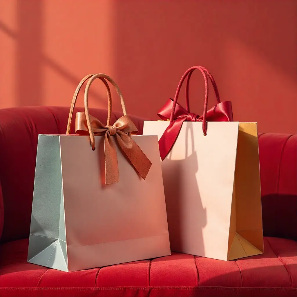 Elegant shopping bags on velvet sofa